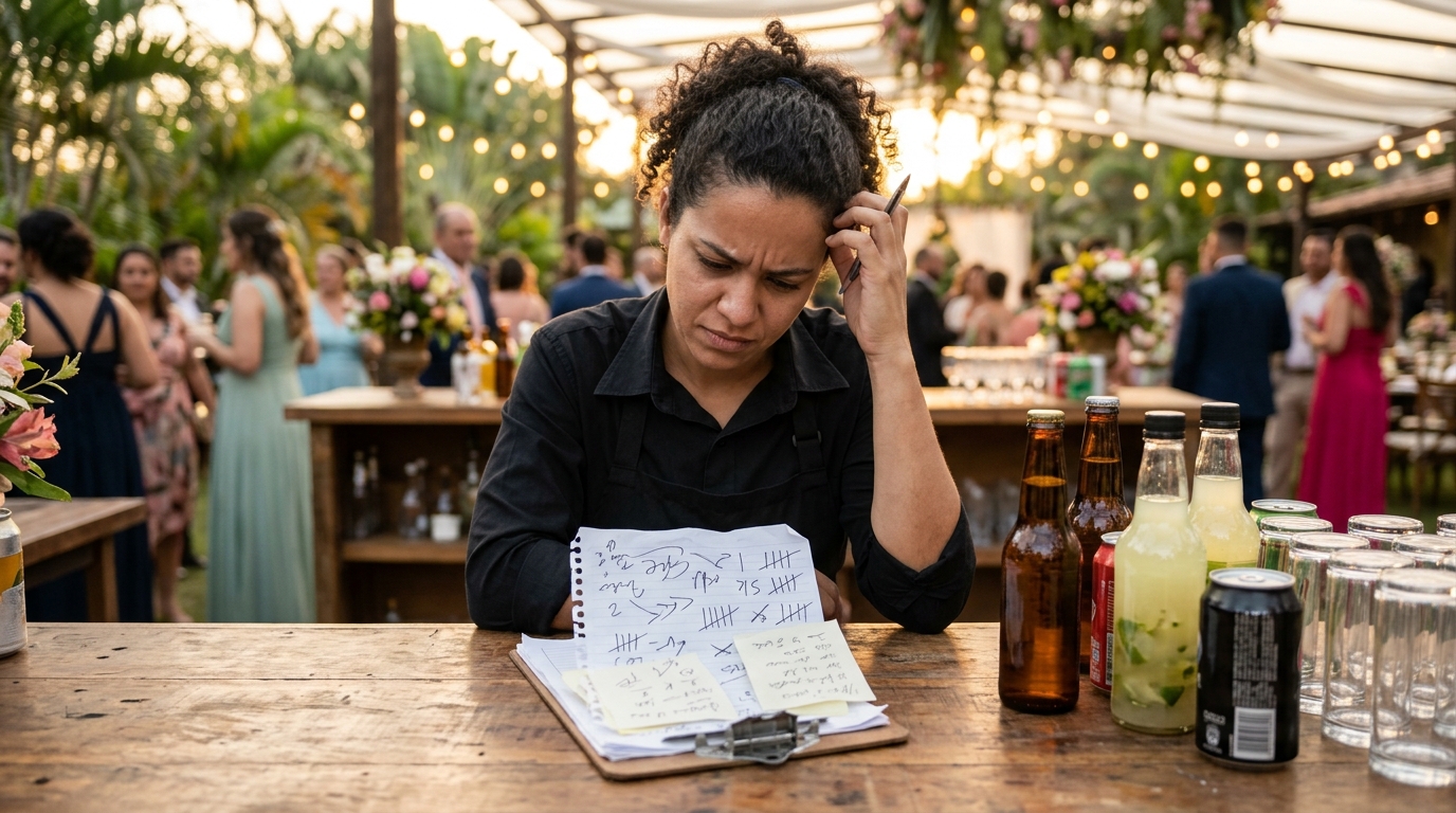 Pessoa conferindo quantidade de bebidas em anotações confusas