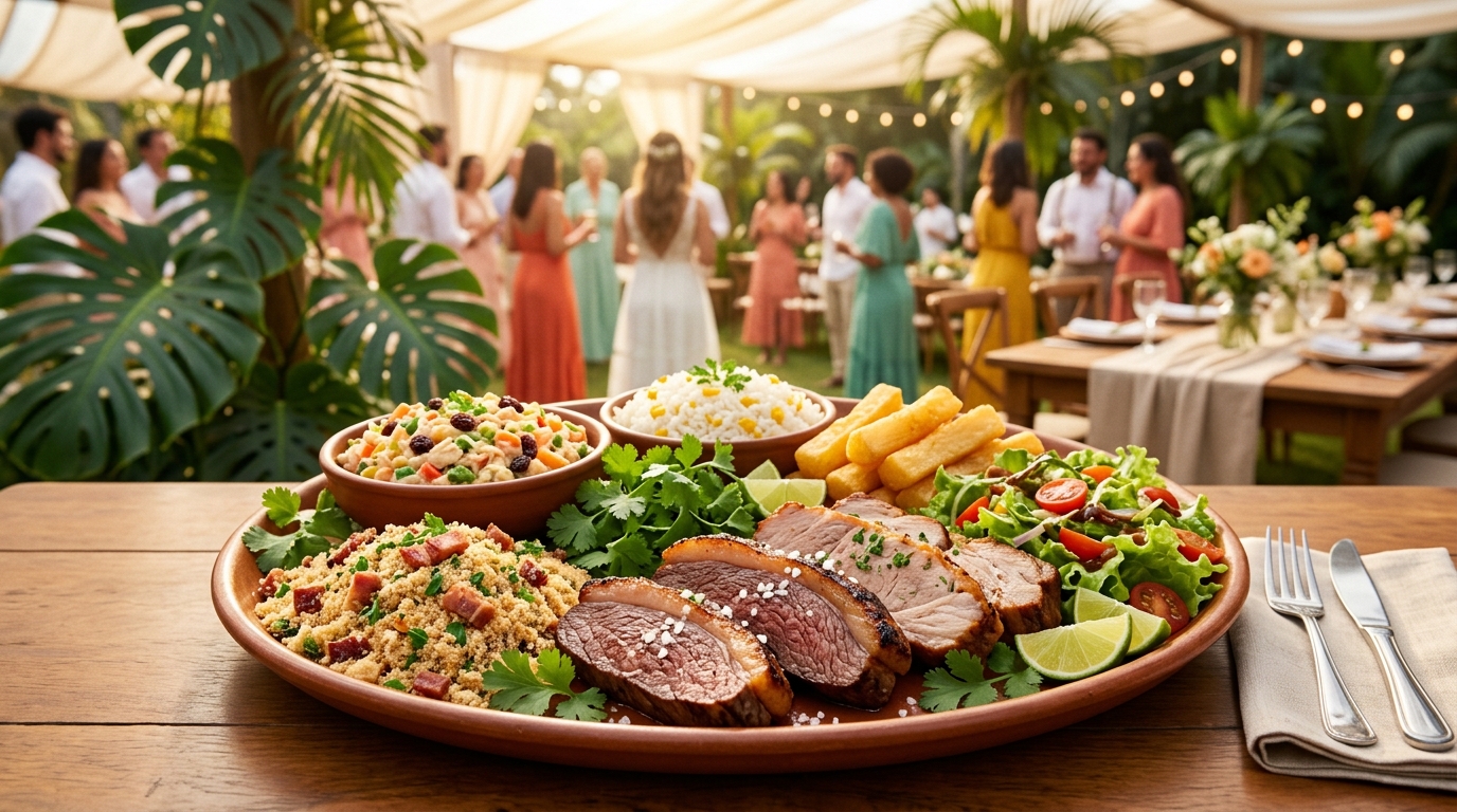 Prato de casamento com proteína e acompanhamentos bem servidos