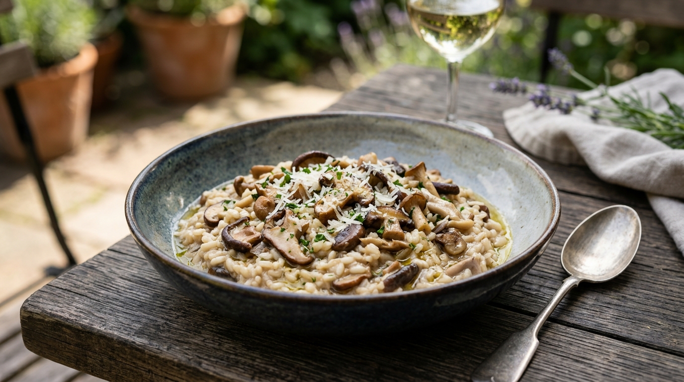 Prato de risoto com cogumelos servido em louça rústica