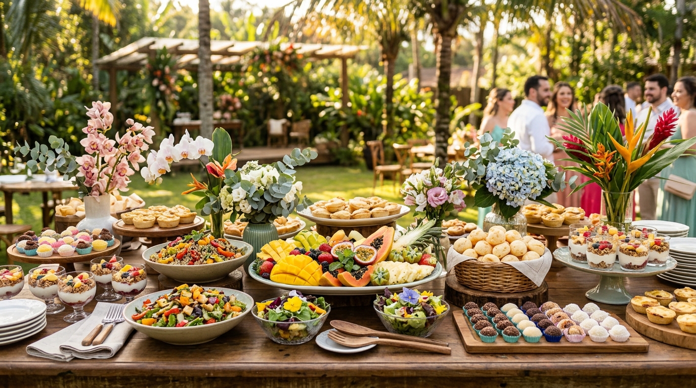 Pratos leves e coloridos servidos em buffet de casamento matinal