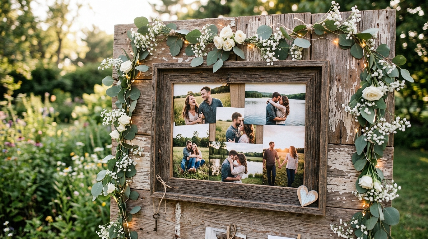 Quadro com fotos do casal em painel rústico decorado