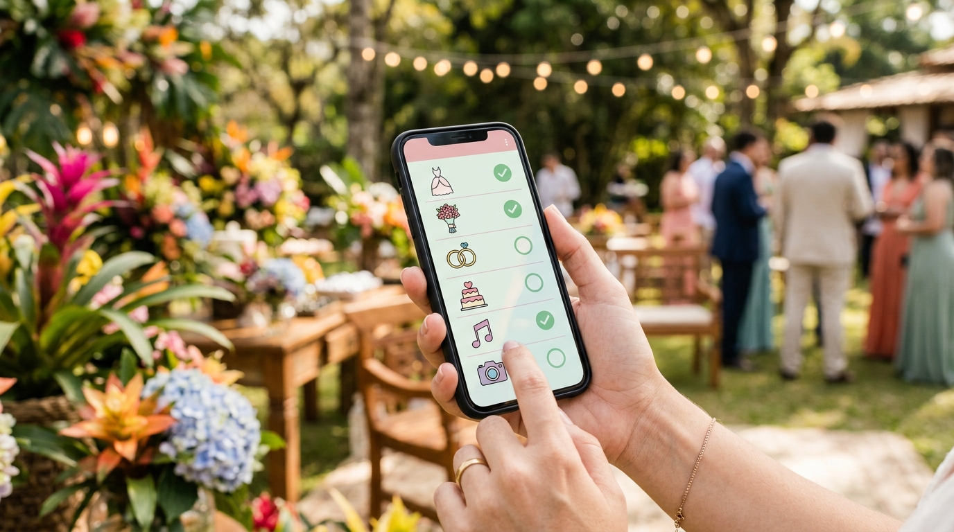 Smartphone com aplicativo de checklist de casamento aberto na mão