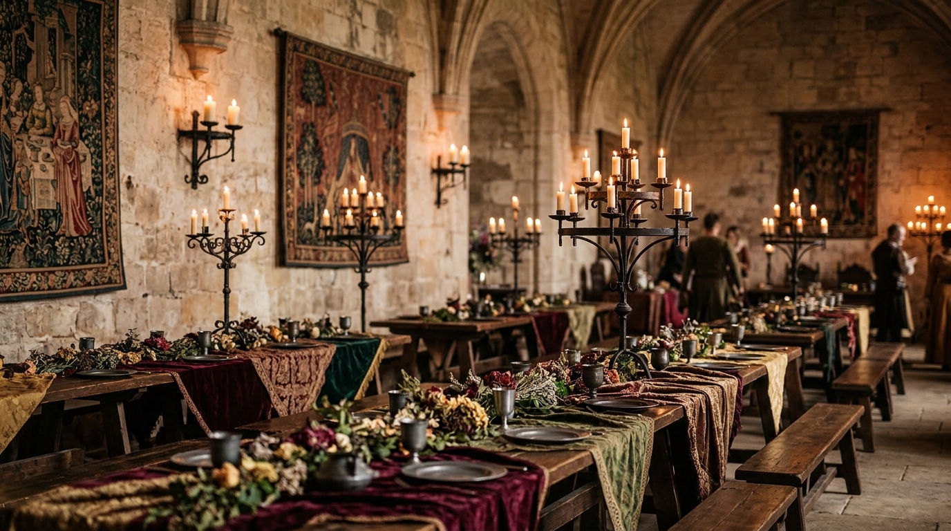 Temática Medieval: Crie um ambiente medieval com móveis rústicos, velas e tapeçarias, fazendo com que todos se sintam parte da série.