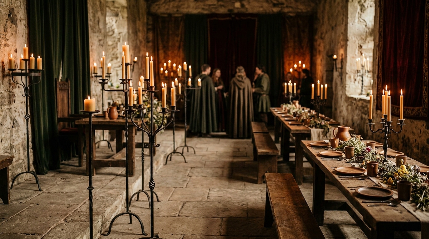 Velas e Iluminação: Utilize velas em castiçais de ferro para criar uma atmosfera medieval.