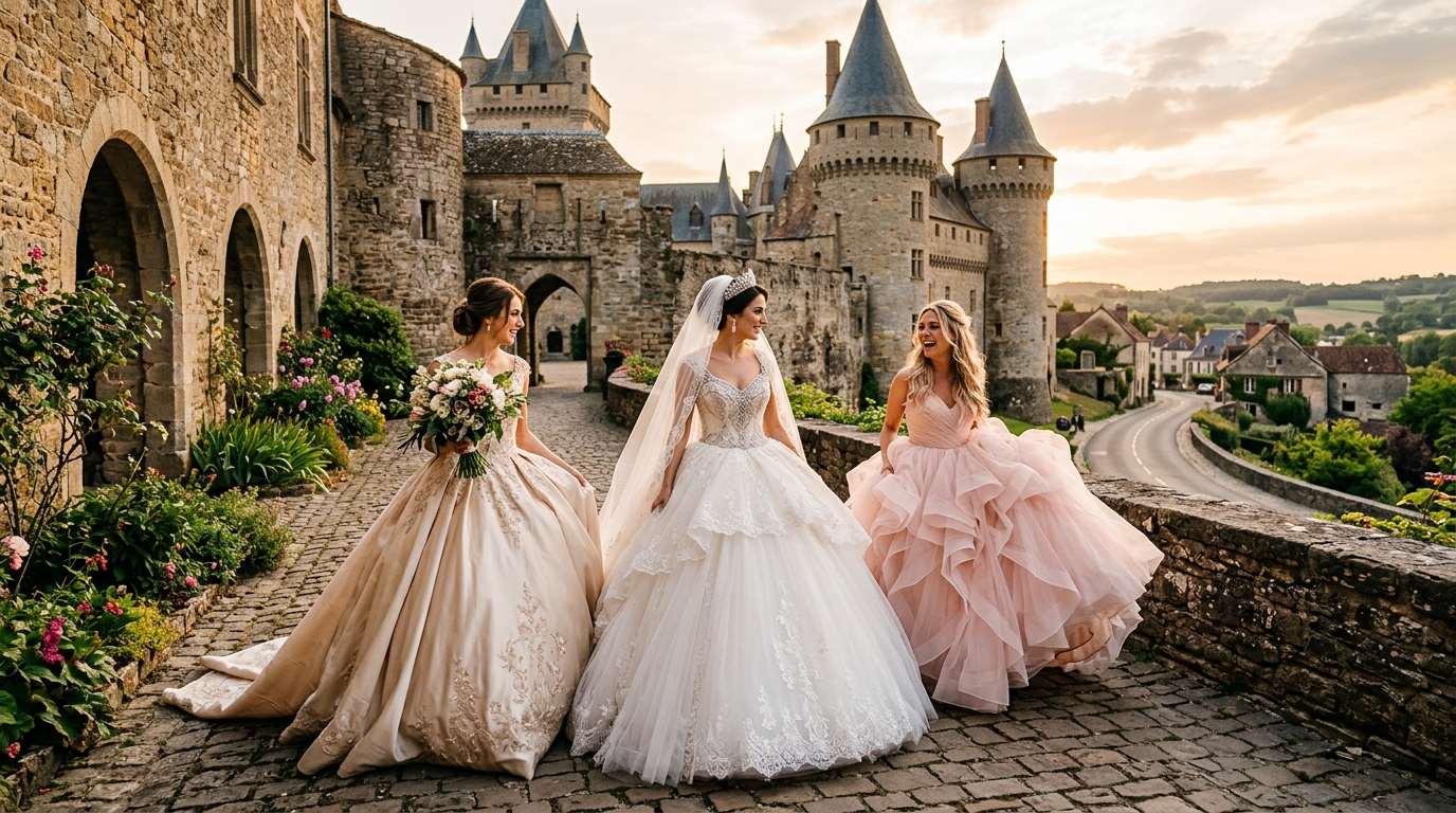 Vestidos de princesa com saias volumosas que lembram castelos europeus