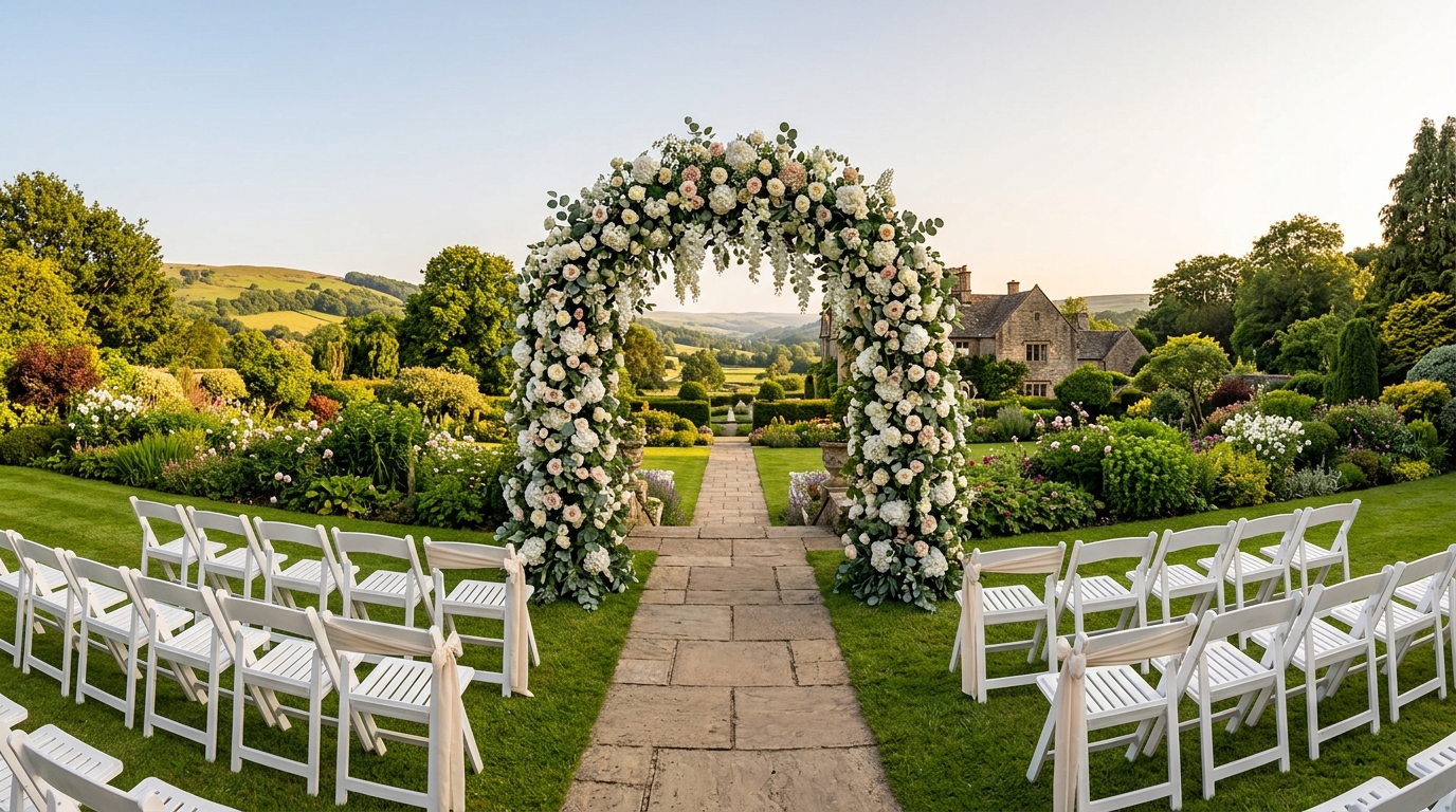 Vista panorâmica de sítio com jardim e arco de flores para casamento