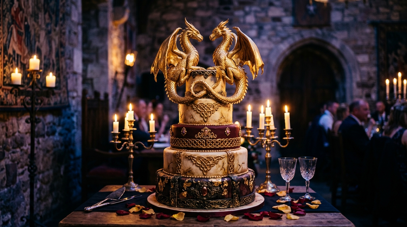 Bolo de casamento com dragões dourados no topo