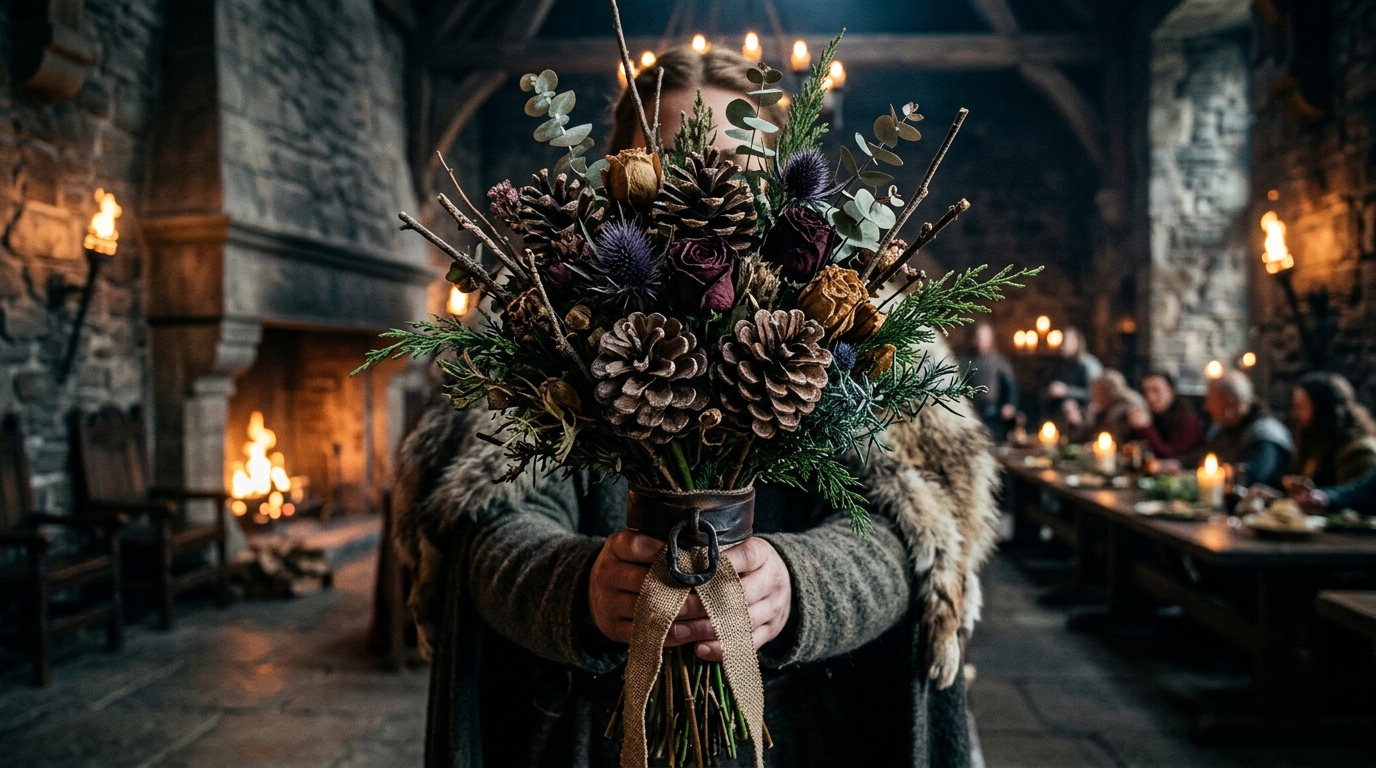 Bouquet com flores secas e pinhas estilo Winterfell