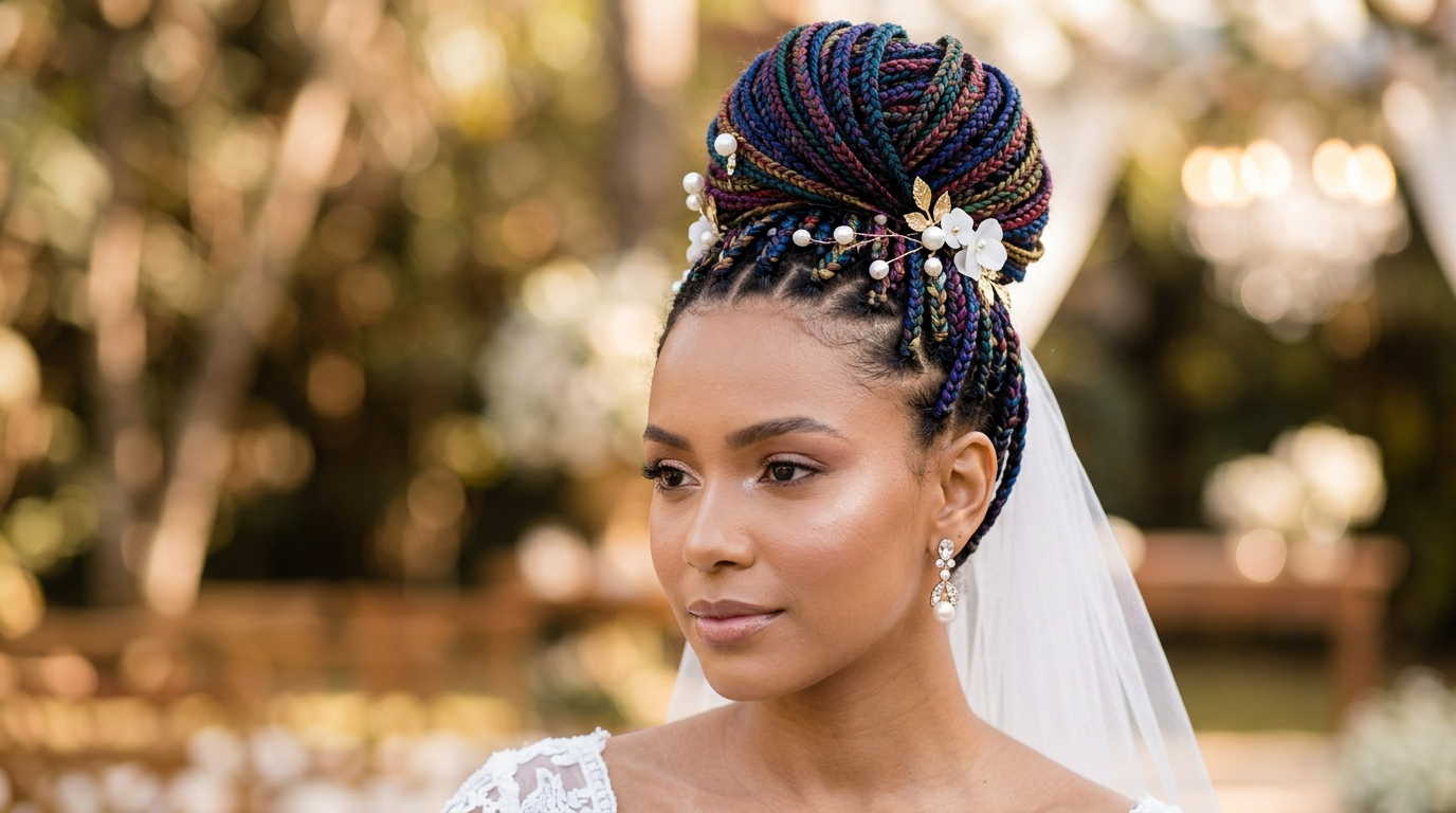Box braids coloridas em coque alto para casamento