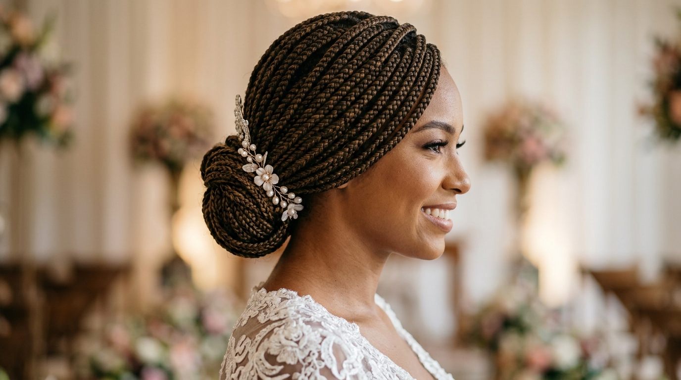 Box braids presas em coque baixo para casamento