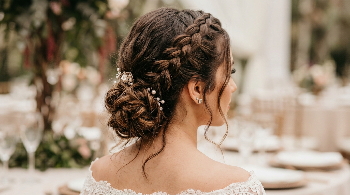 Box braids em estilo coque com rosas presas para casamento