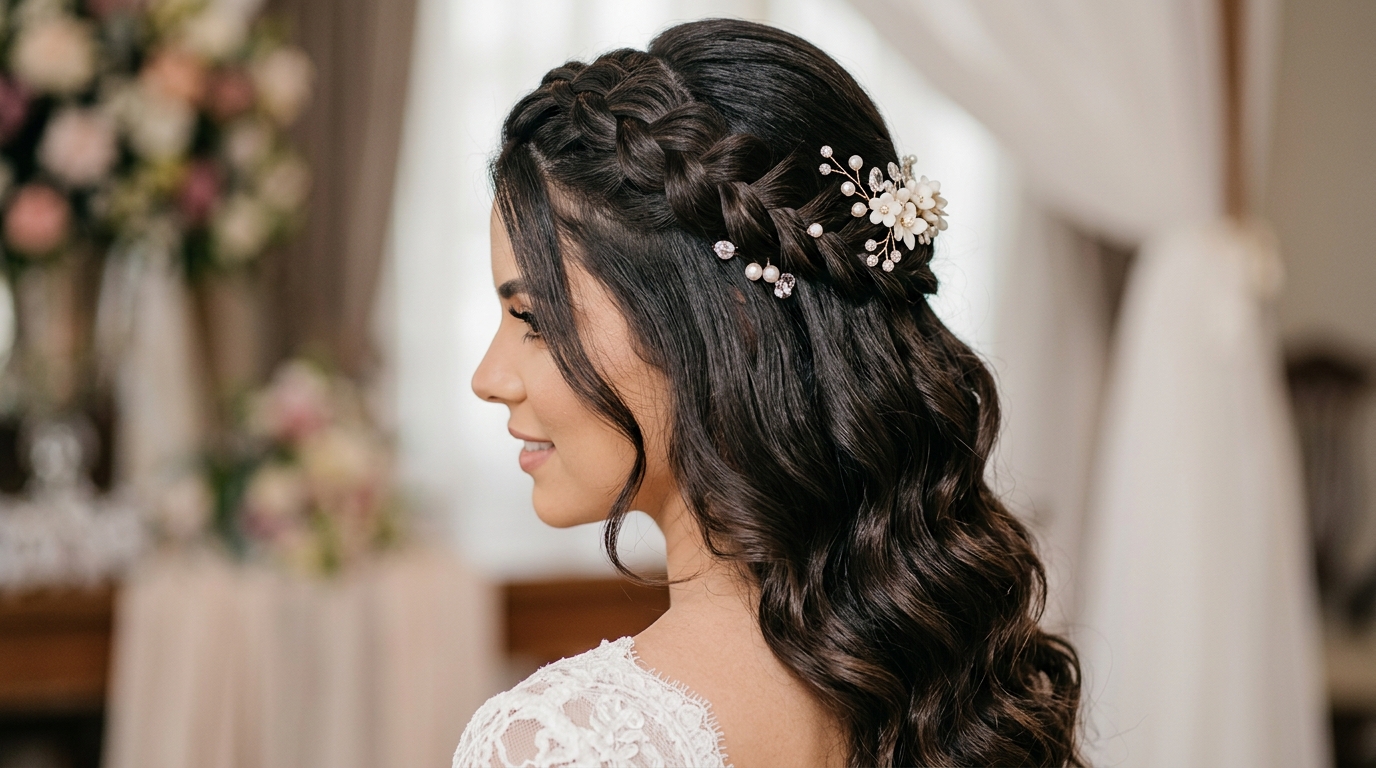 Box braids meio-presas com acessórios de pérola para casamento