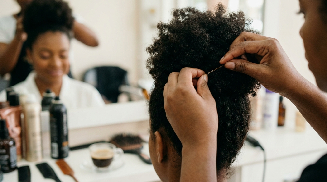 Cabeleireira preta prendendo coque afro em salão de beleza
