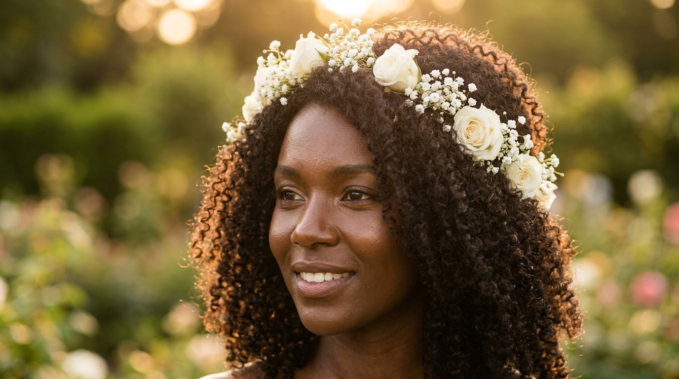 Cabelo solto com coroa de flores
