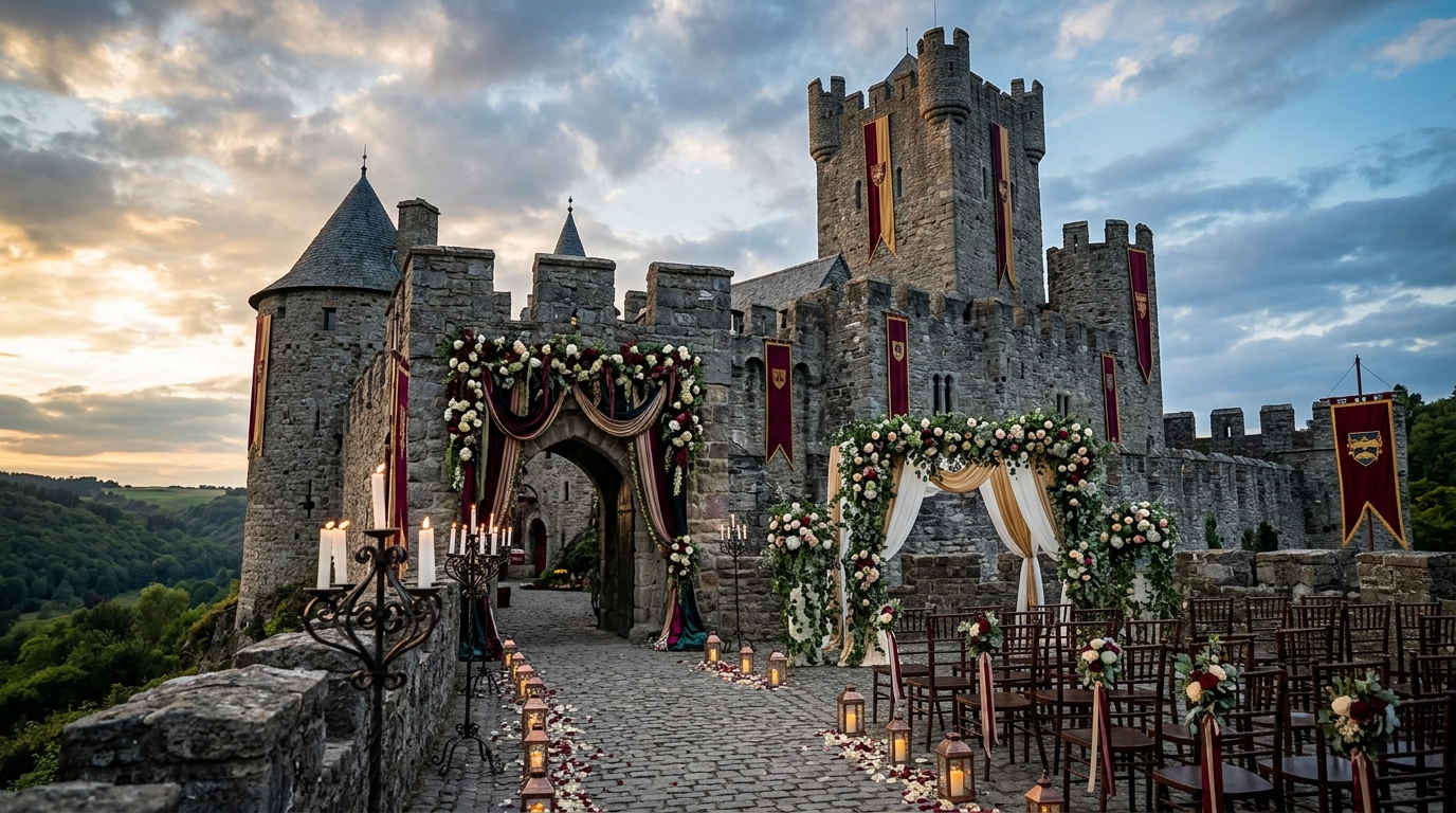 Castelo medieval decorado para cerimônia de casamento épica
