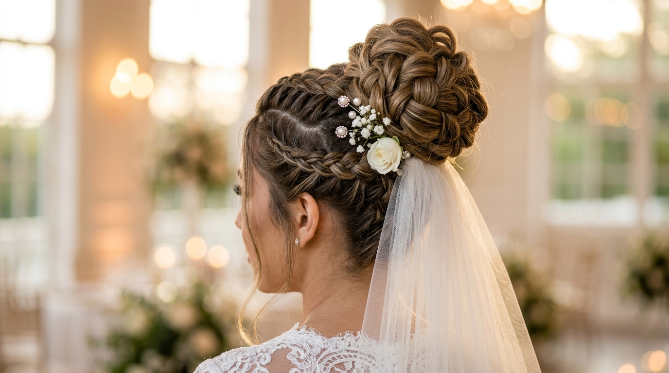 Coque alto com trança embutida para casamento