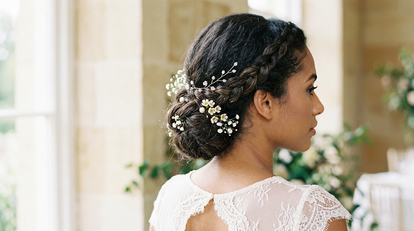 Coque baixo torcido com trança para casamento