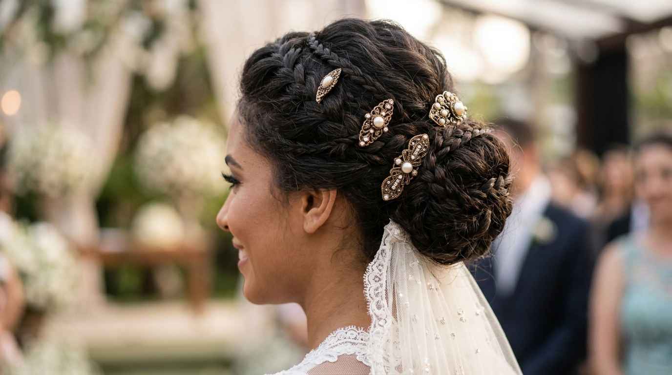 Coque texturizado com múltiplas tranças finas para casamento