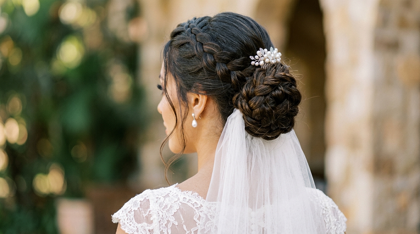 Coque com trança e véu curto para casamento