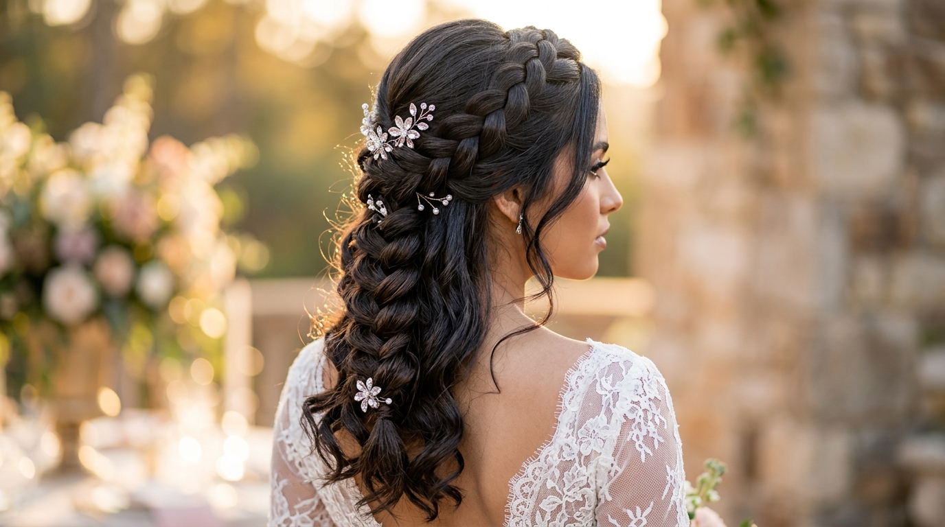 Coque ultra-alto com tranças entrelaçadas para casamento