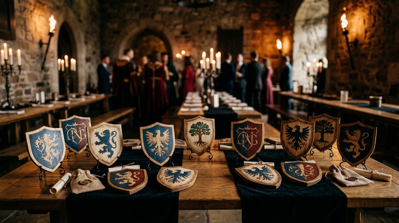 Lembrancinhas com escudos e brasões medievais personalizados
