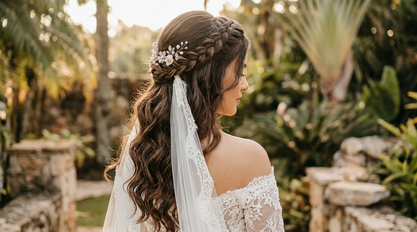 Meio-preso com duas tranças francesas para casamento