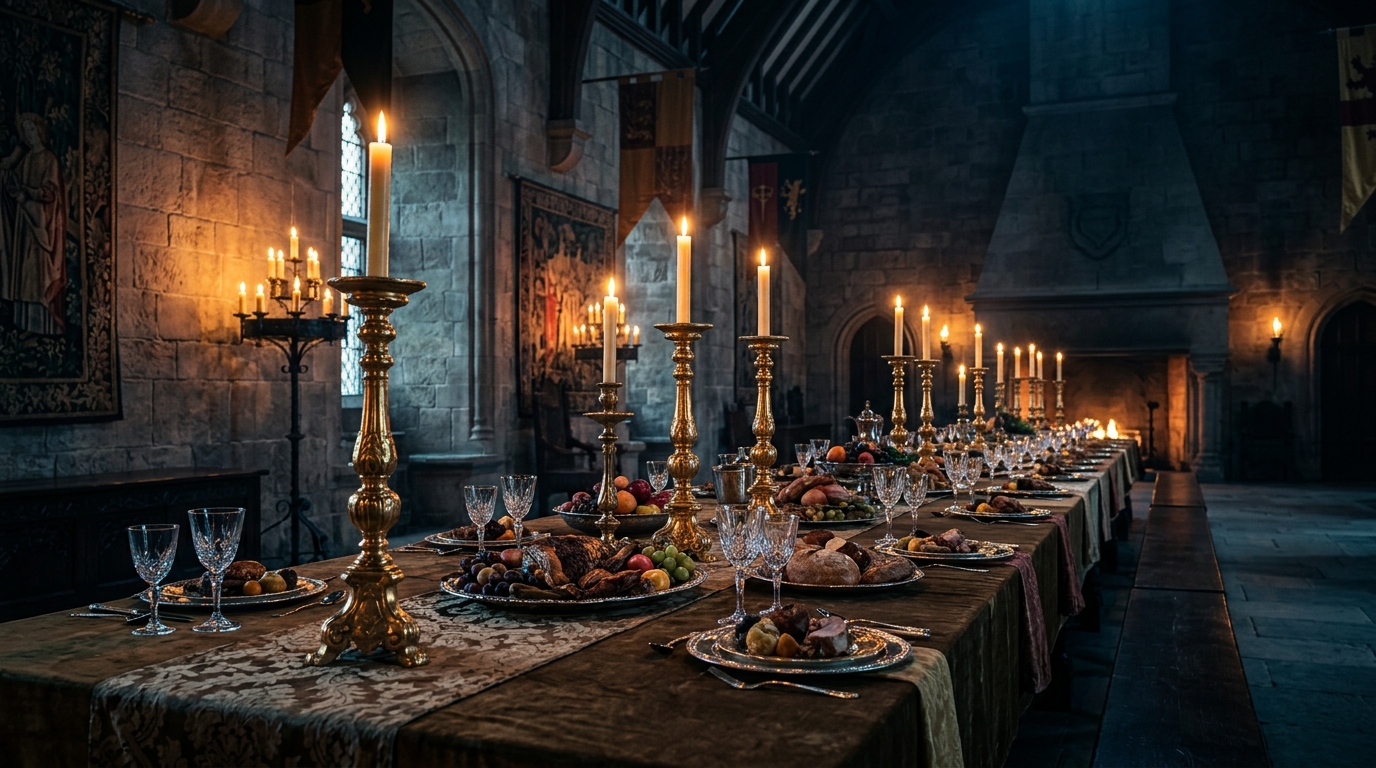 Mesa de banquete real com castiçais dourados e velas