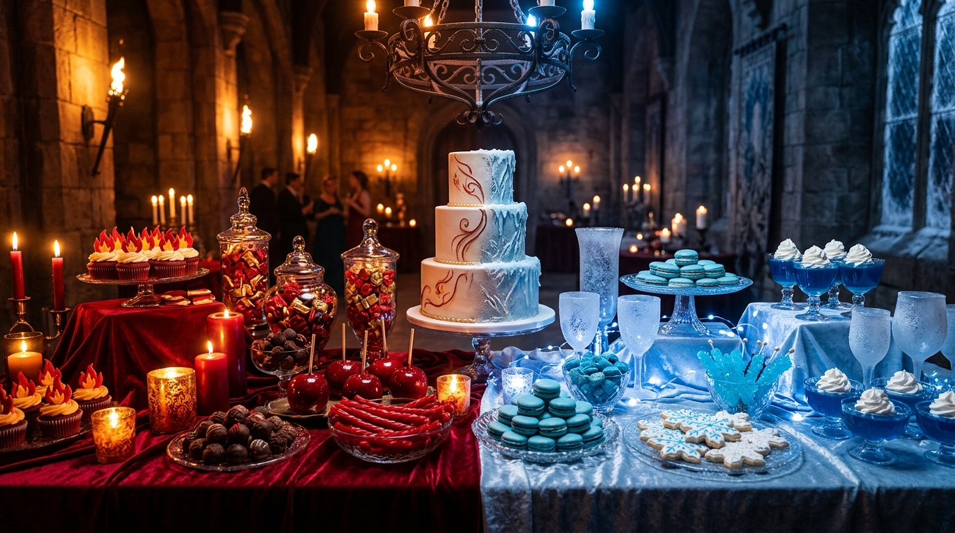 Mesa de doces em tons vermelho e azul tema fogo e gelo