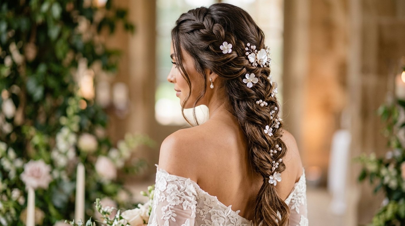 Penteado afro com tranças em forma de leque para casamento