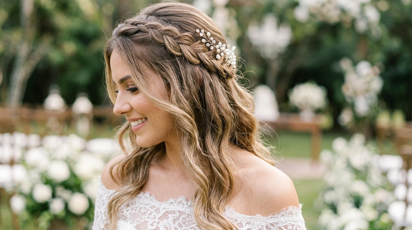 Penteado solto com trança frontal para casamento