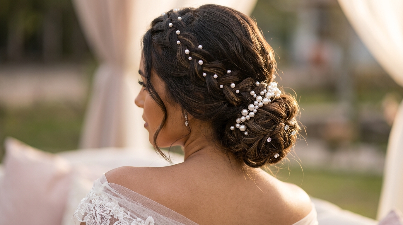 Penteado com tranças e flores de cerejeira artificial para casamento
