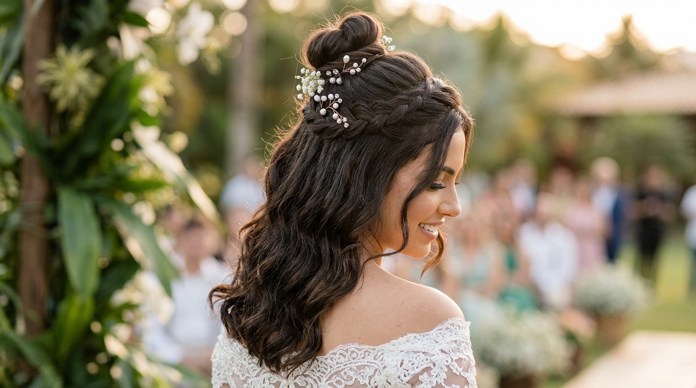 Semi-preso com topete e trança para casamento
