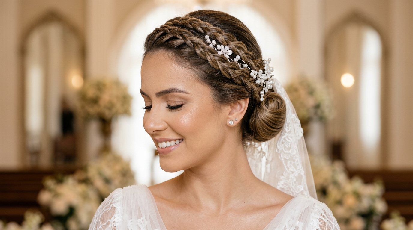 Semi-preso com tranças e ondas praianas para casamento
