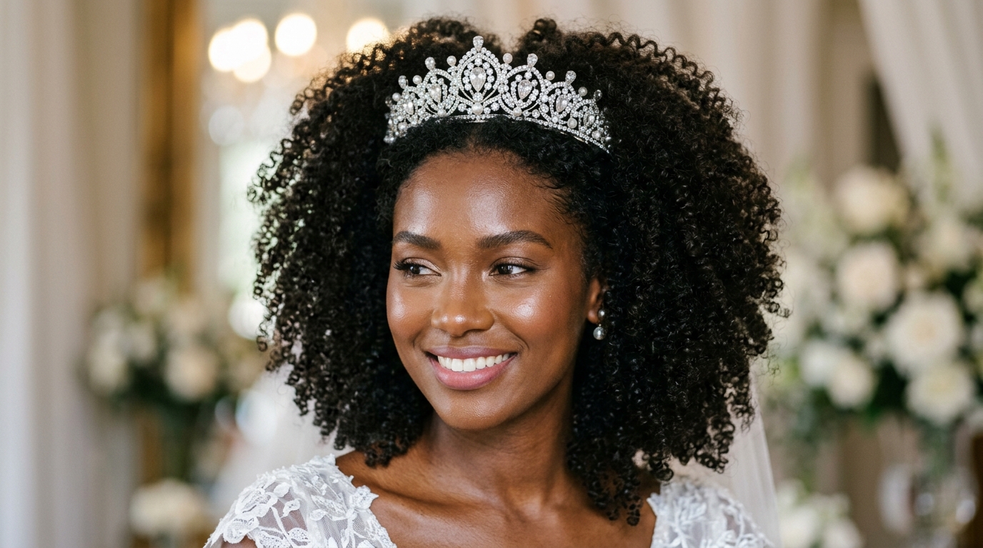 Tiara de cristal sobre cachos soltos