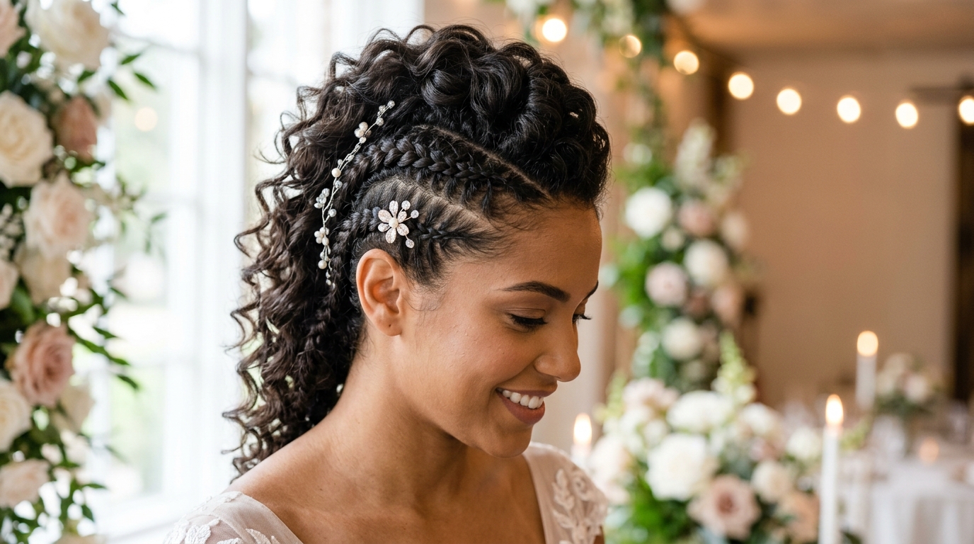 Trança cascata lateral com flores de cerejeira para casamento