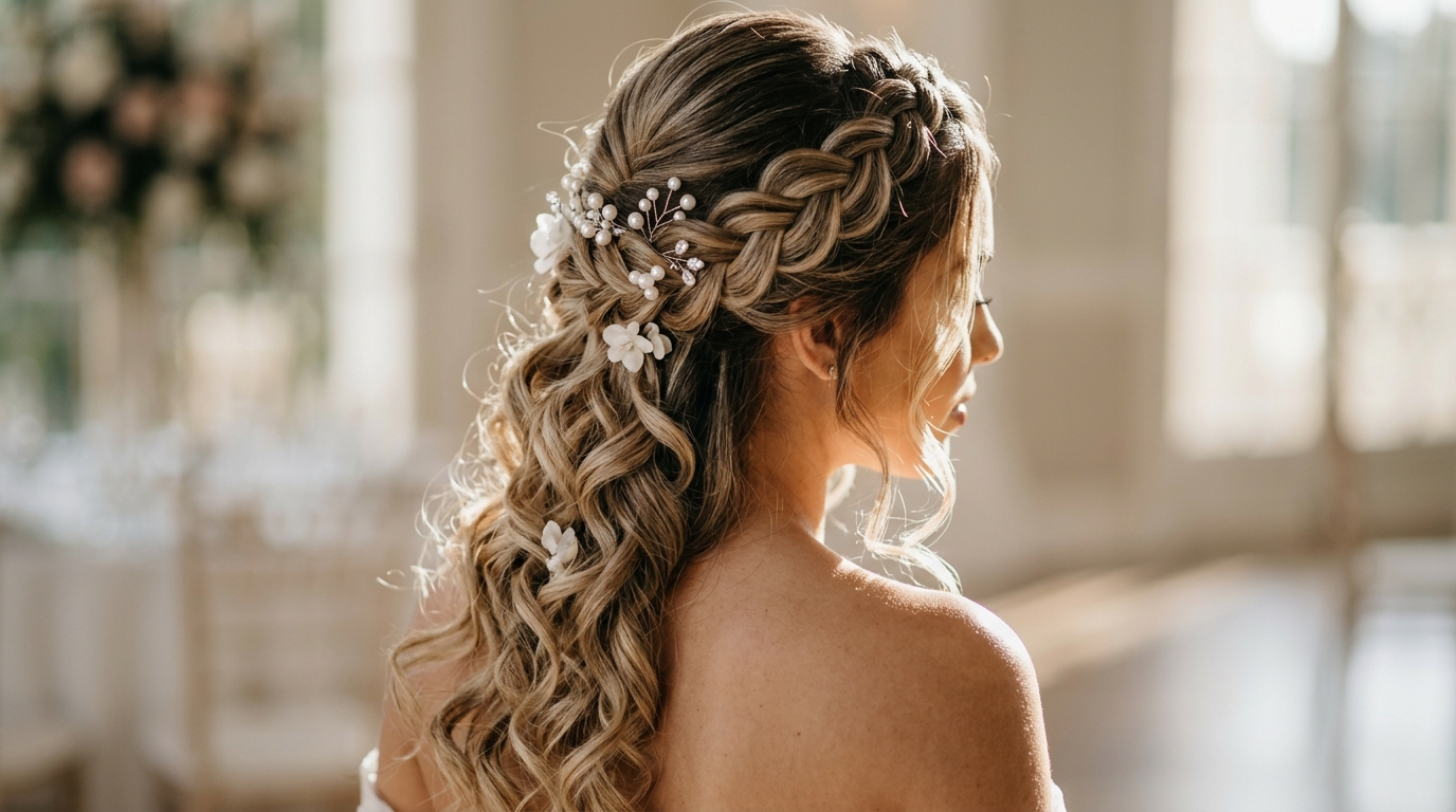 Trança de corda e cachos em estilo princesa moderna para casamento
