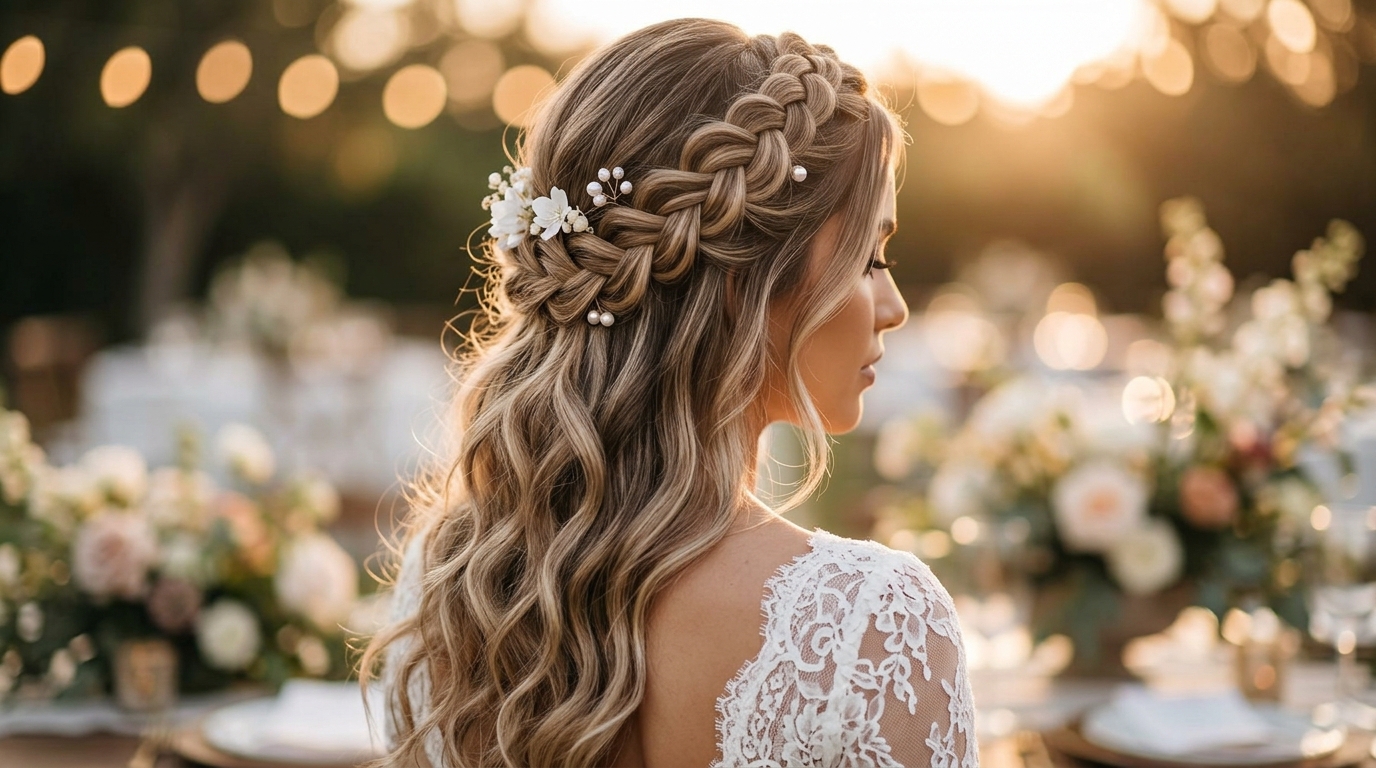 Trança coroa com cabelo solto para casamento
