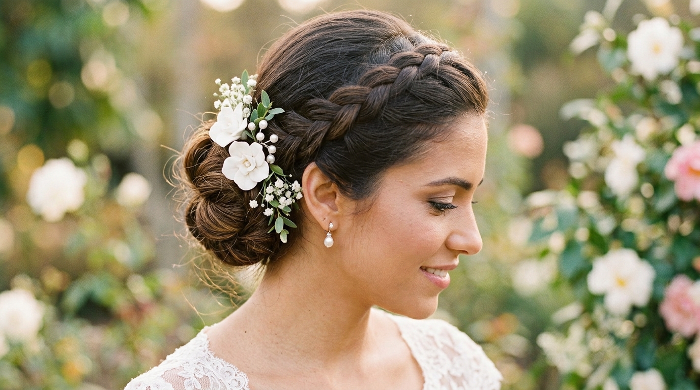 Trança dupla holandesa e coque para casamento