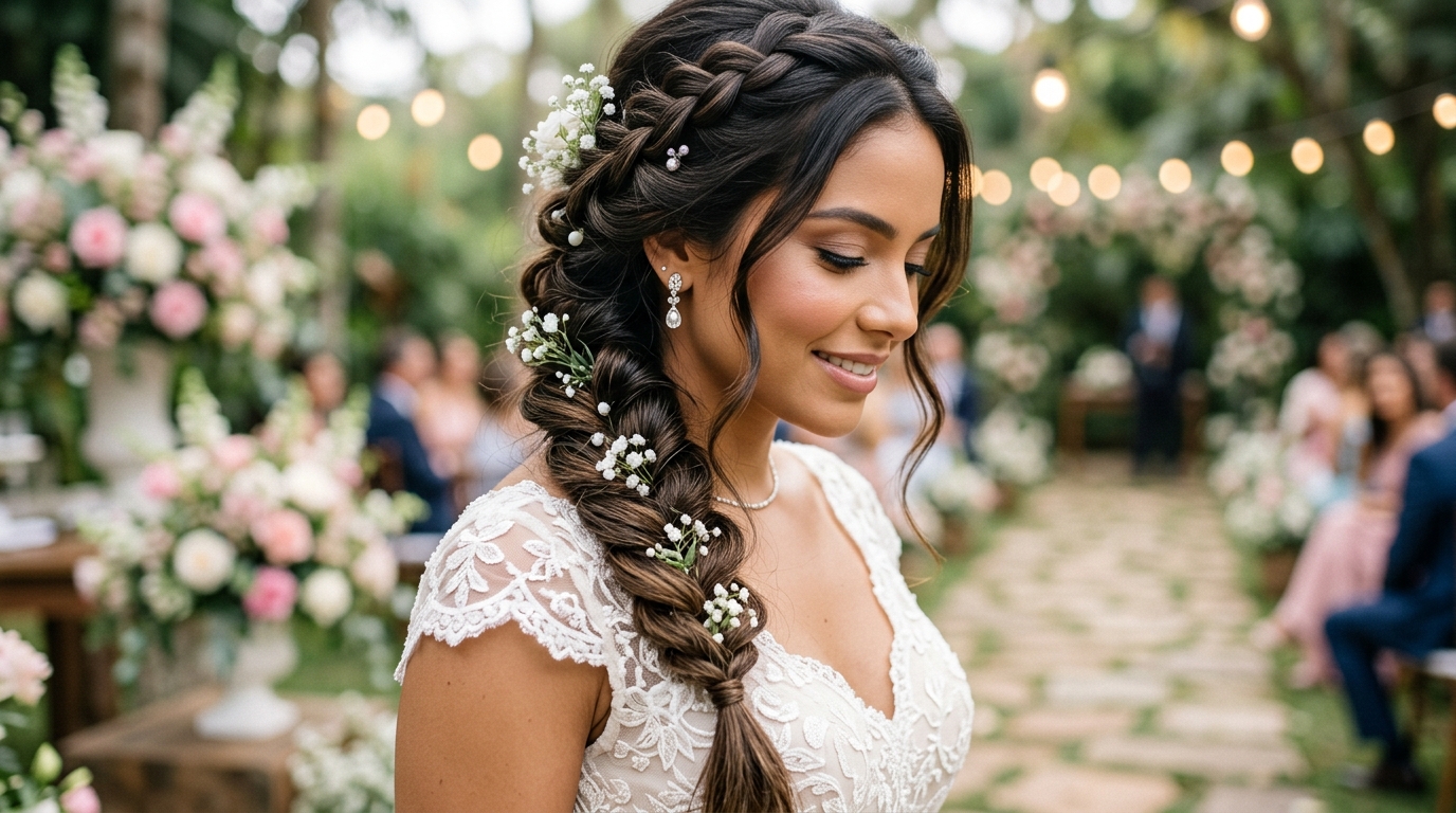 Trança escama de sereia lateral para casamento