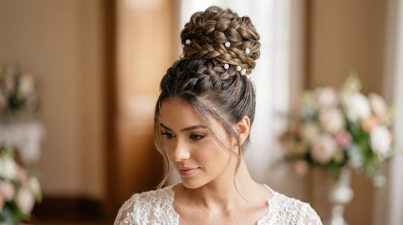 Trança lateral e coque com pérolas costuradas para casamento