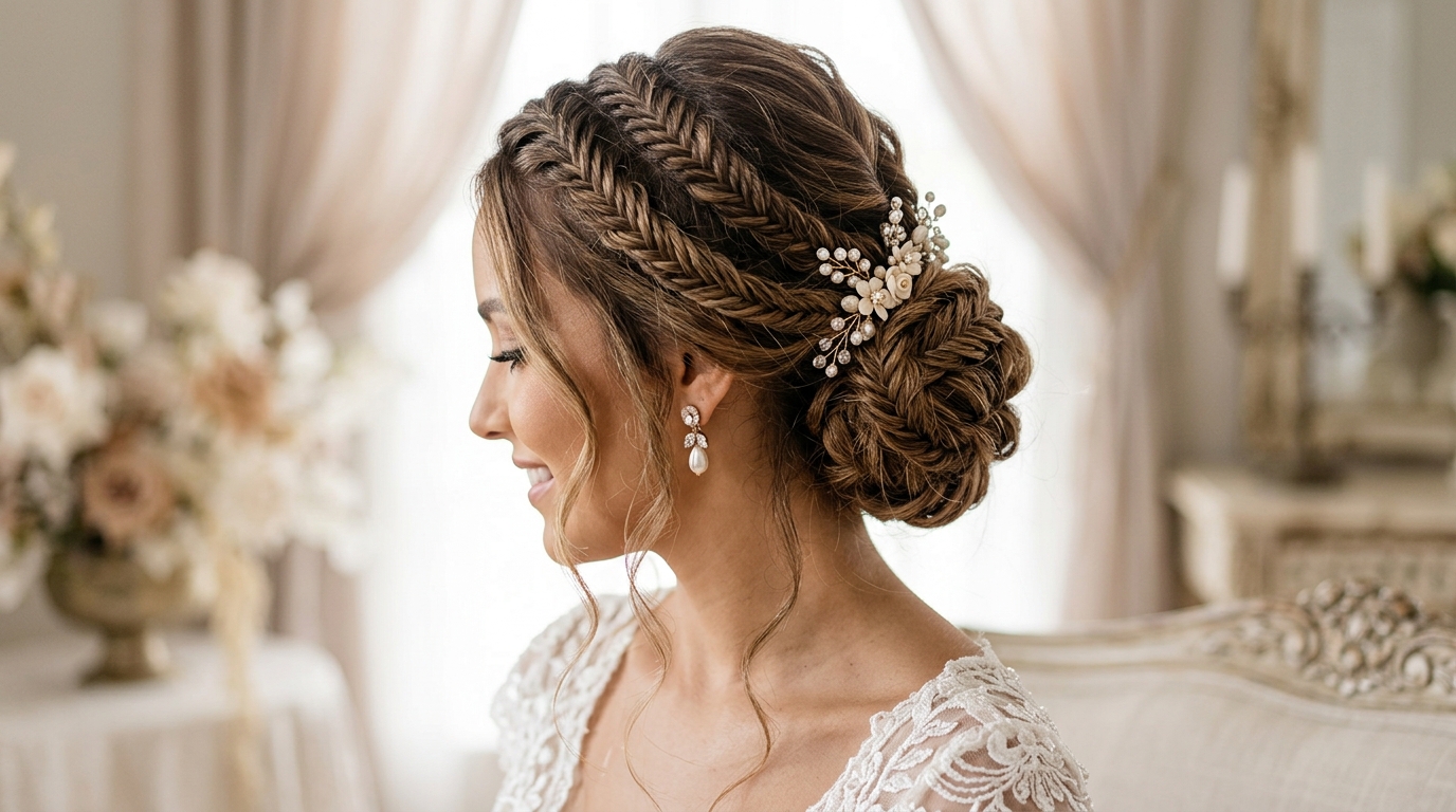 Trança lateral invertida e ondas holandesas para casamento