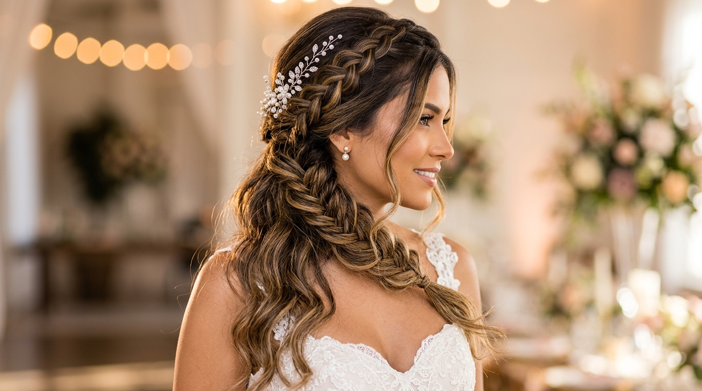 Trança lateral e ondas suaves para casamento