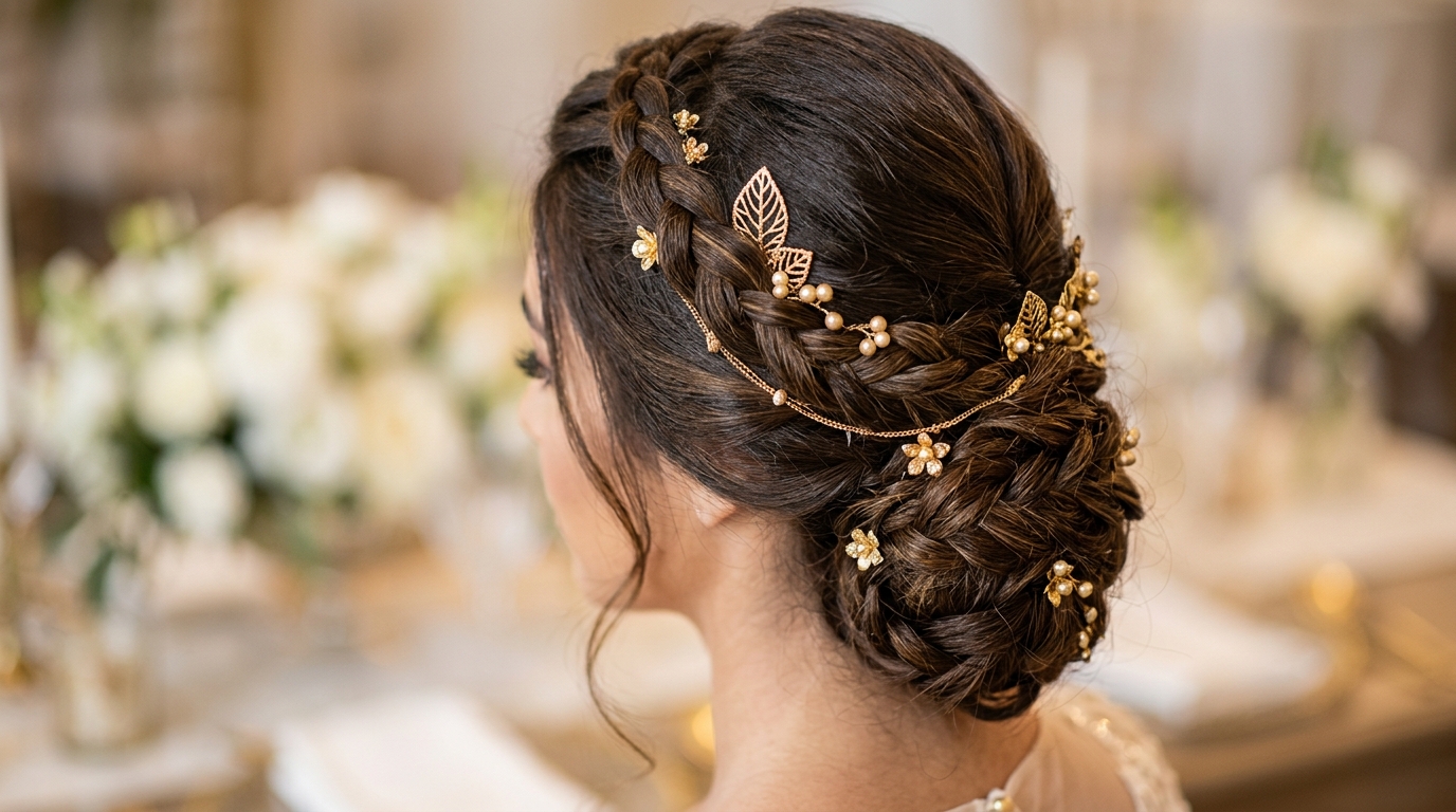 Trança múltipla com acessórios dourados para casamento