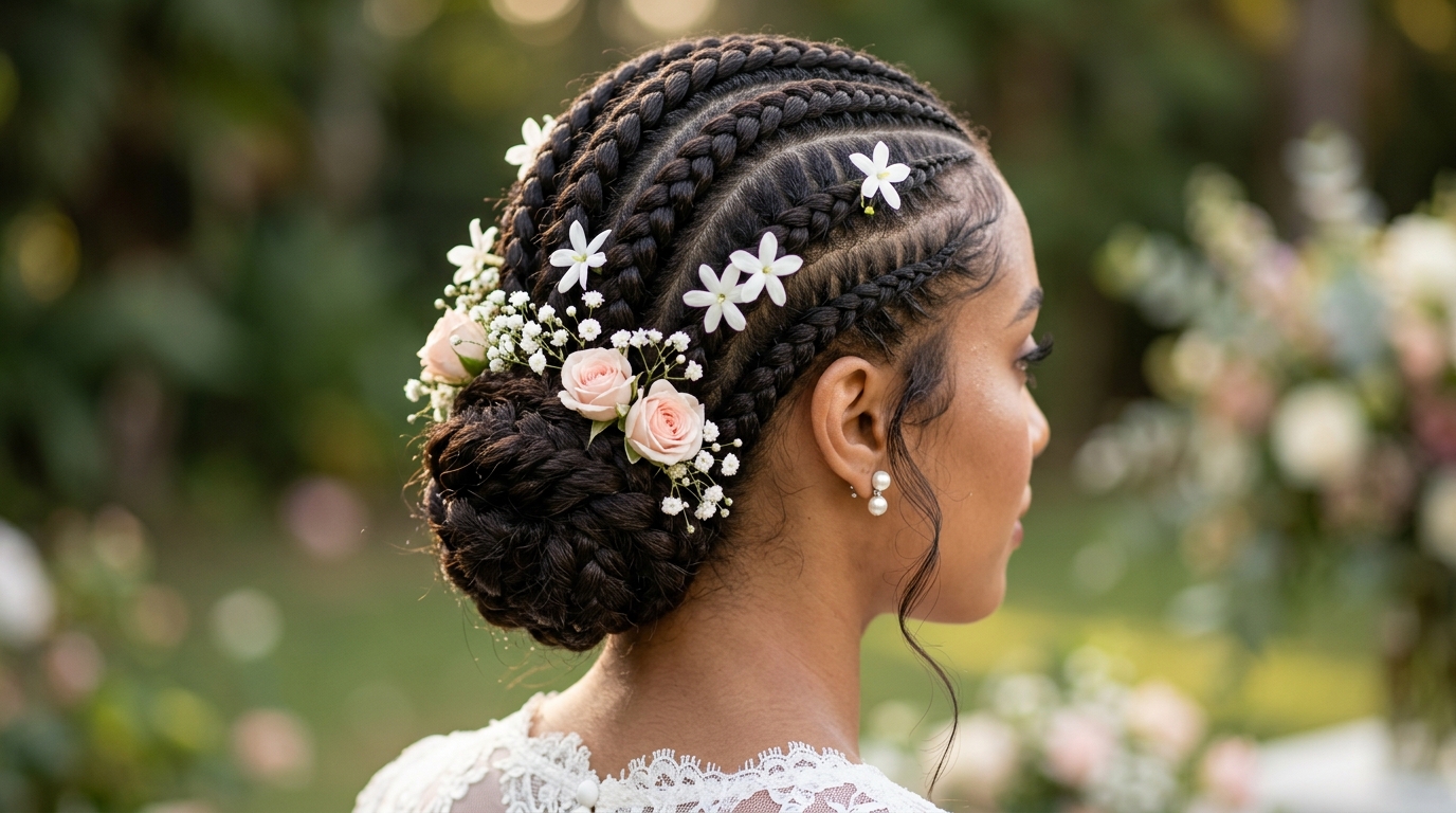 Trança nagô com flores presas para casamento