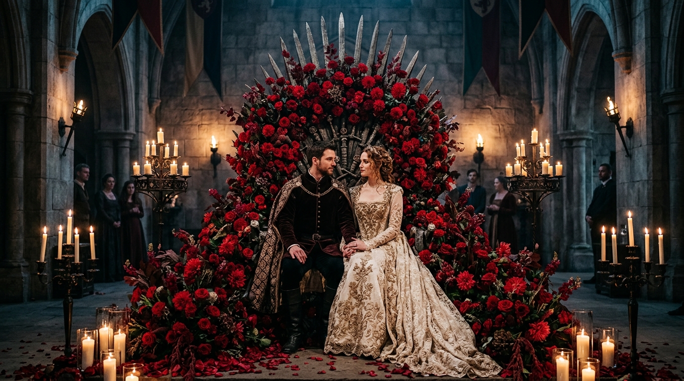 Trono de ferro feito de flores vermelhas para os noivos