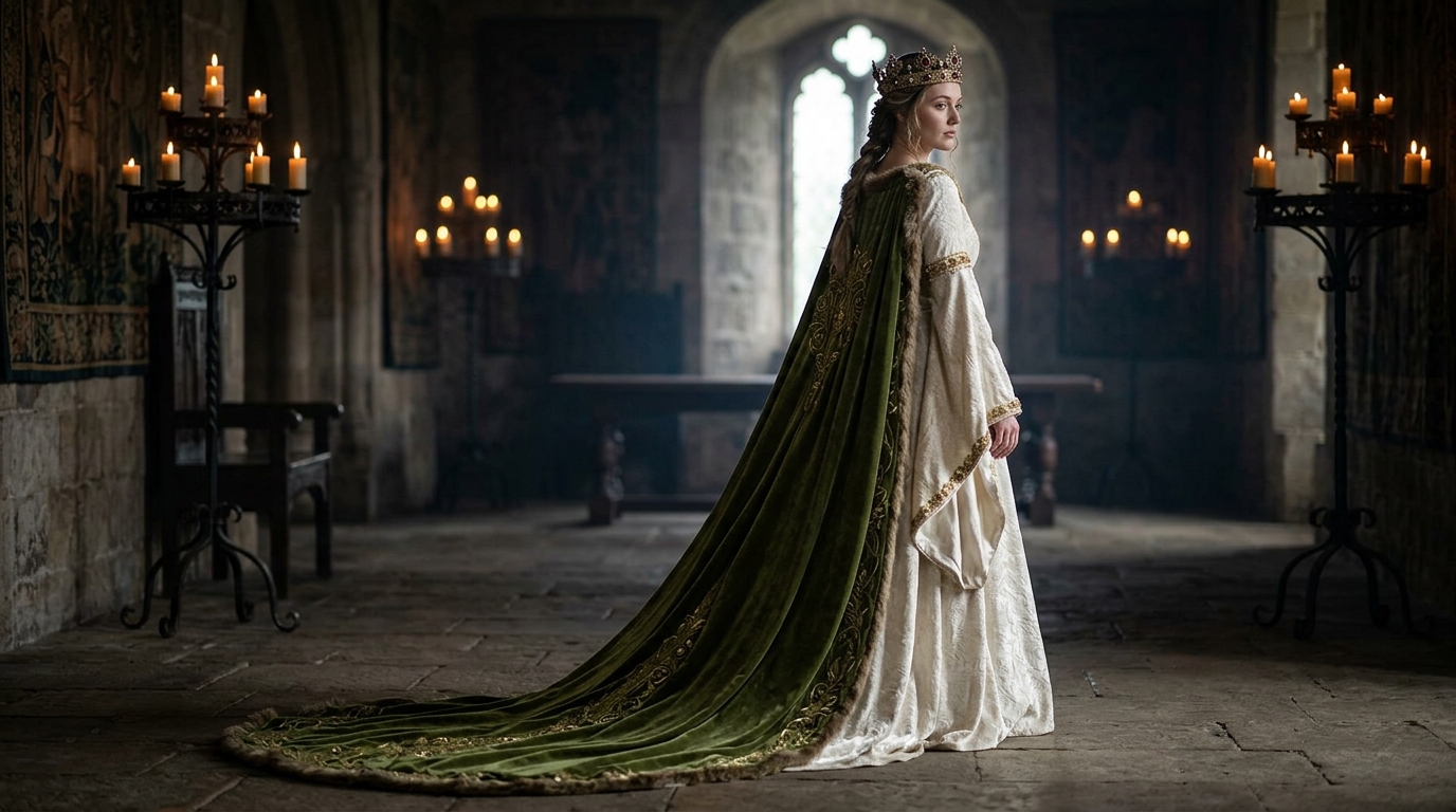 Vestido de noiva estilo medieval com capa longa e coroa